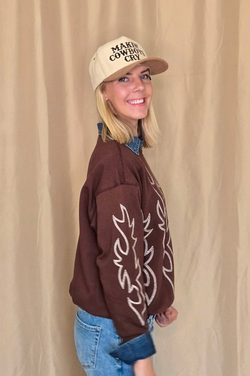 Western Flame Boots Stitch Pullover Sweatshirt - Brown or Red available - Cowhide and Conchos
