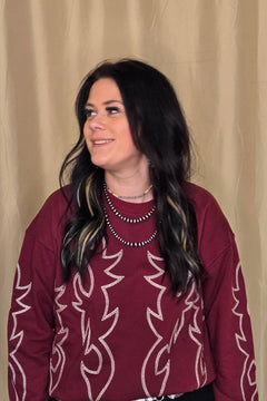 Western Flame Boots Stitch Pullover Sweatshirt - Brown or Red available - Cowhide and Conchos