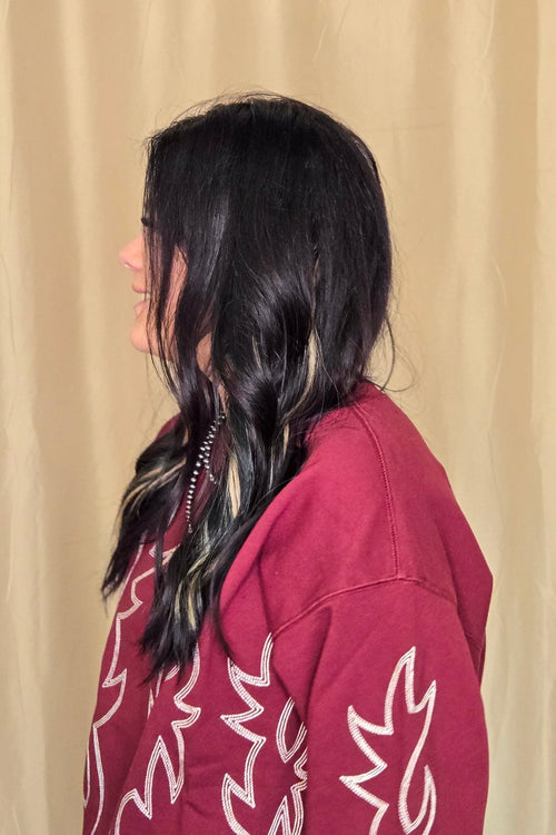 Western Flame Boots Stitch Pullover Sweatshirt - Brown or Red available - Cowhide and Conchos