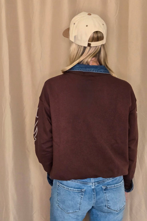 Western Flame Boots Stitch Pullover Sweatshirt - Brown or Red available - Cowhide and Conchos