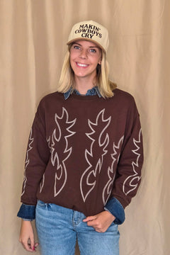 Western Flame Boots Stitch Pullover Sweatshirt - Brown or Red available - Cowhide and Conchos