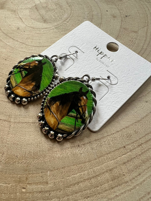 Western Framed Horse Fashion Earrings - Cowhide and Conchos