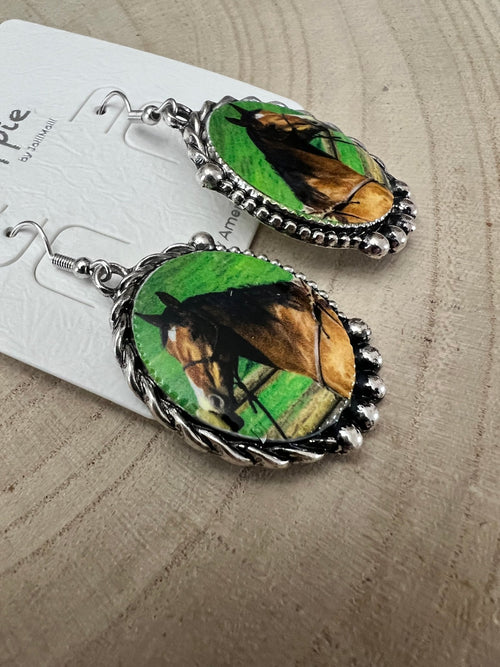 Western Framed Horse Fashion Earrings - Cowhide and Conchos