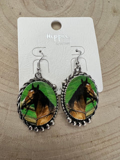 Western Framed Horse Fashion Earrings - Cowhide and Conchos