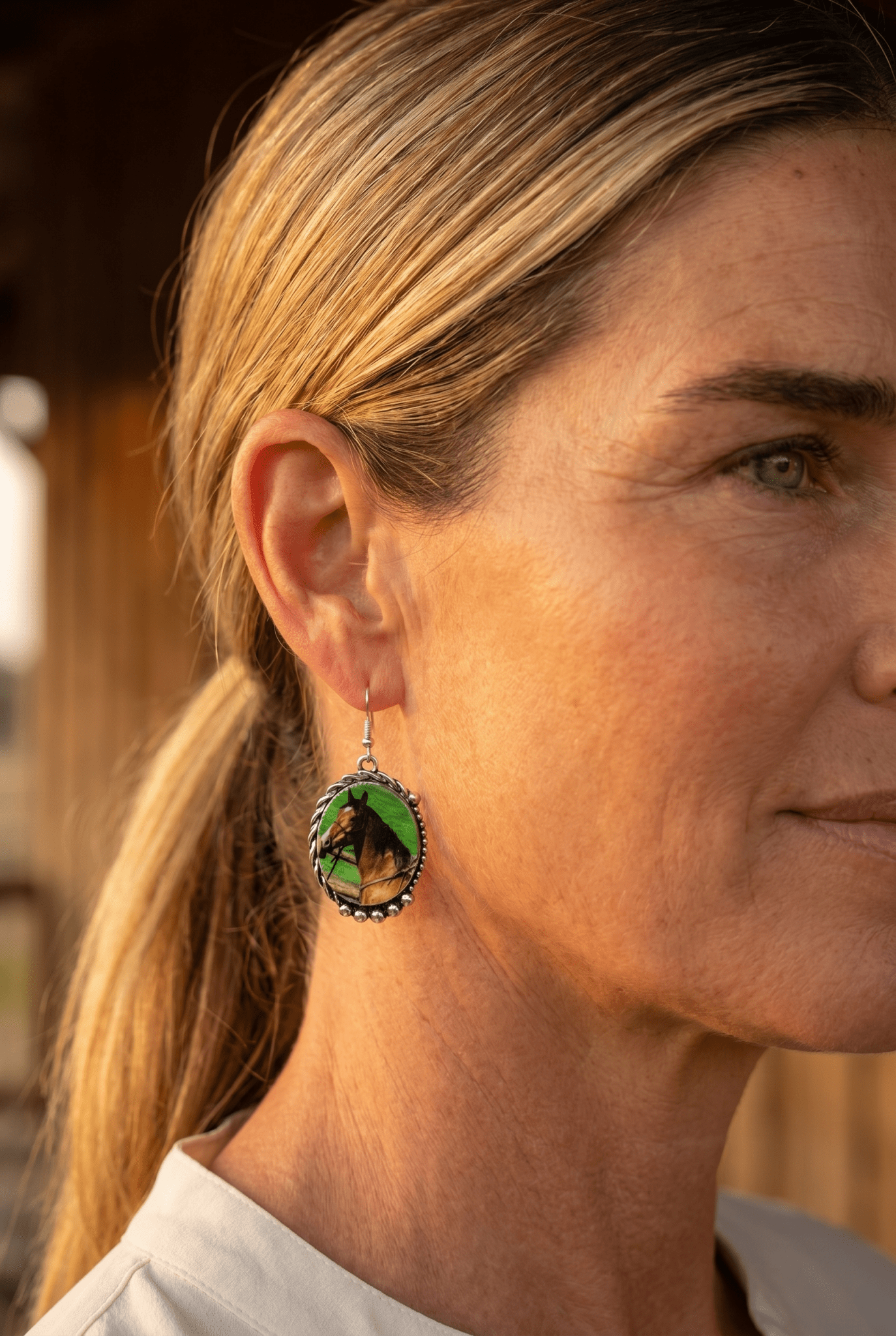 Western Framed Horse Fashion Earrings — Equestrian Statement (1½" x 1") - Cowhide and Conchos