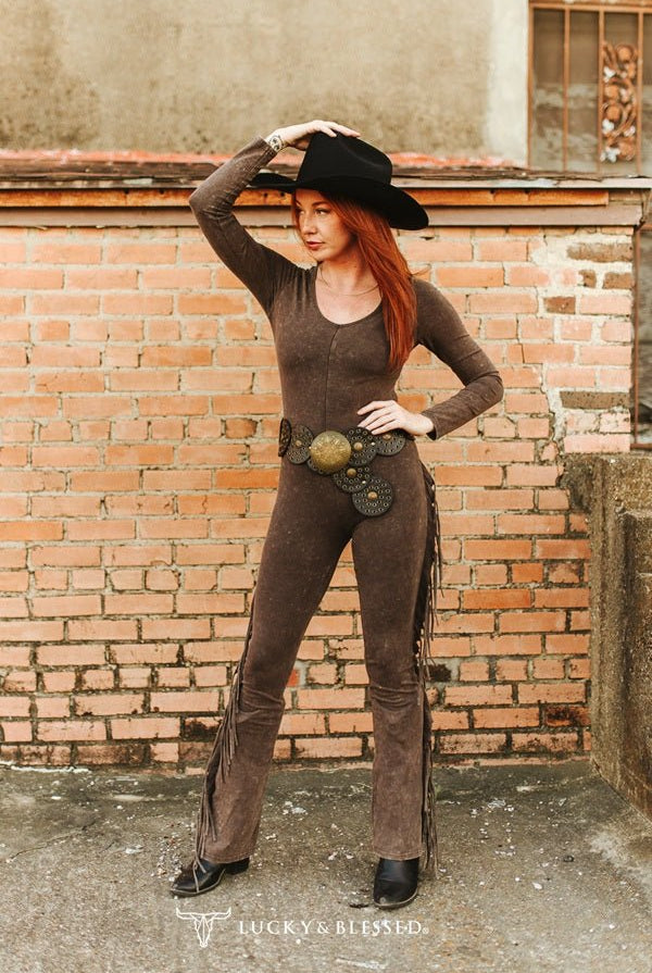 Western Fringe Mineral Wash Flare Jumpsuit - Dark Brown - Cowhide and Conchos