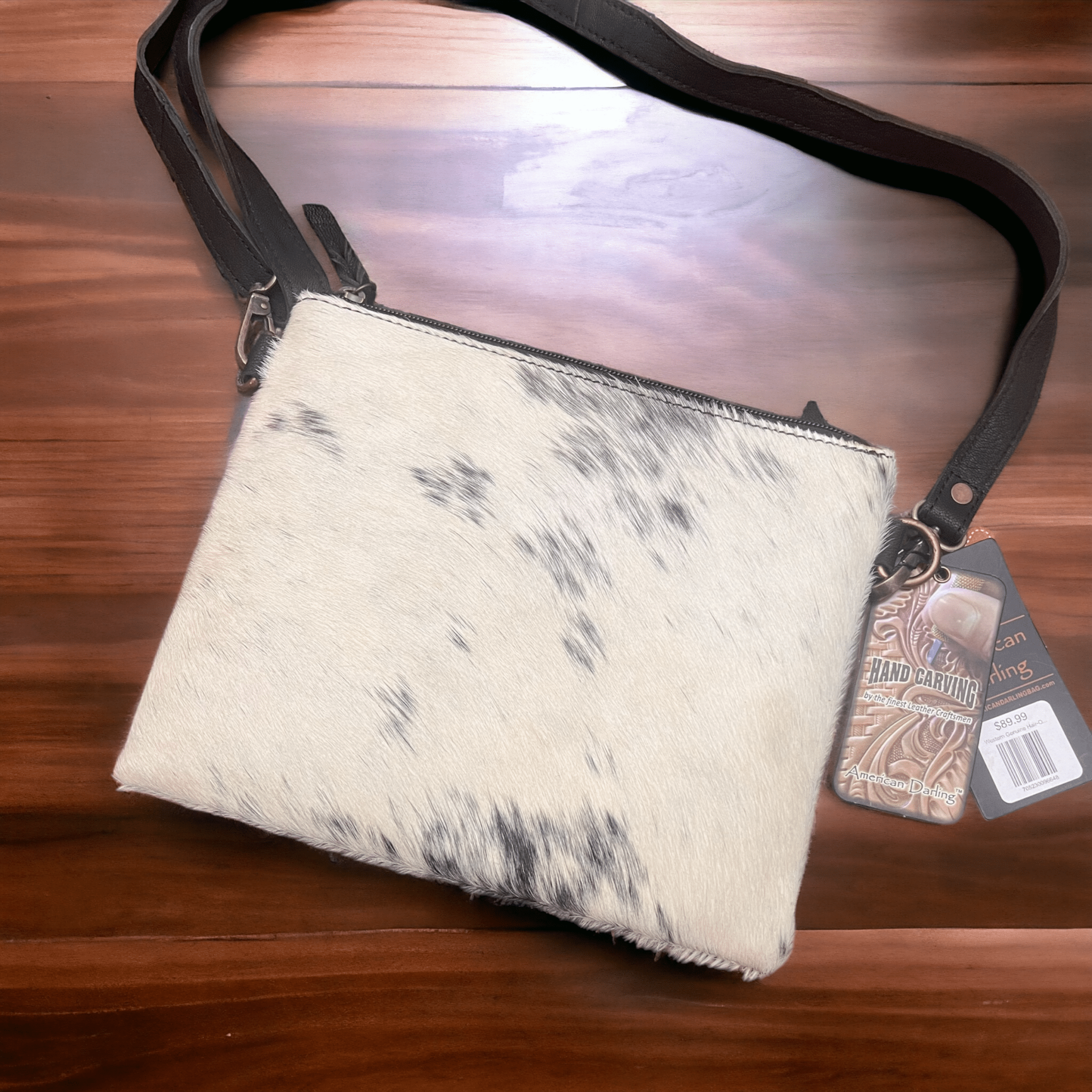 Western Genuine Hair - On Leather Crossbody Handbag - Cowhide and Conchos