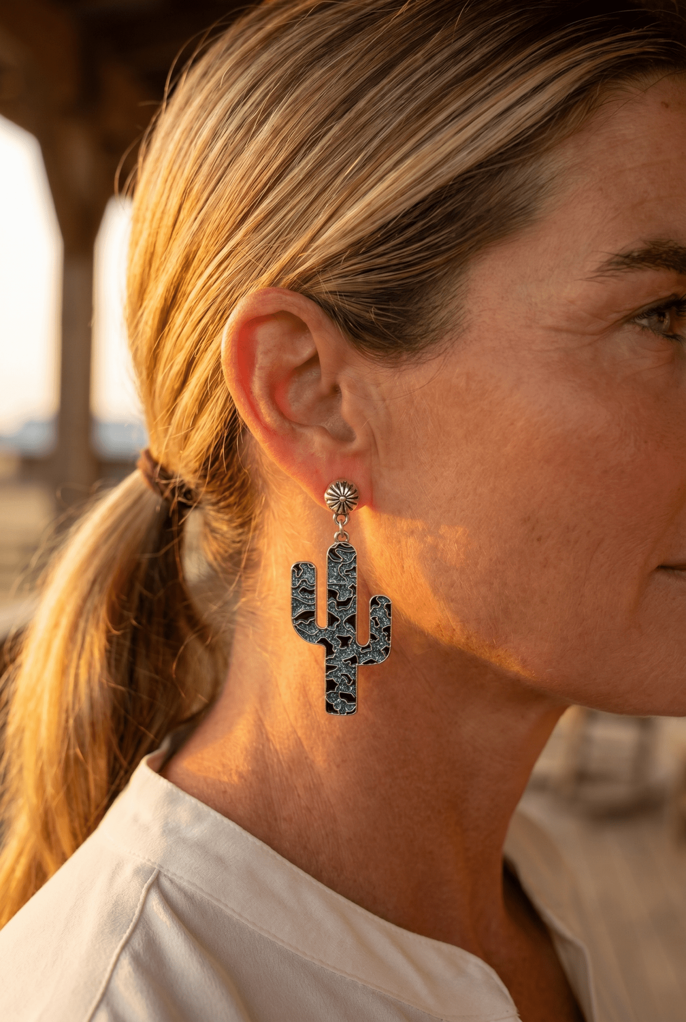Western Glitter Enamel Cactus Dangle Earrings — Playful 2½" Drop - Cowhide and Conchos