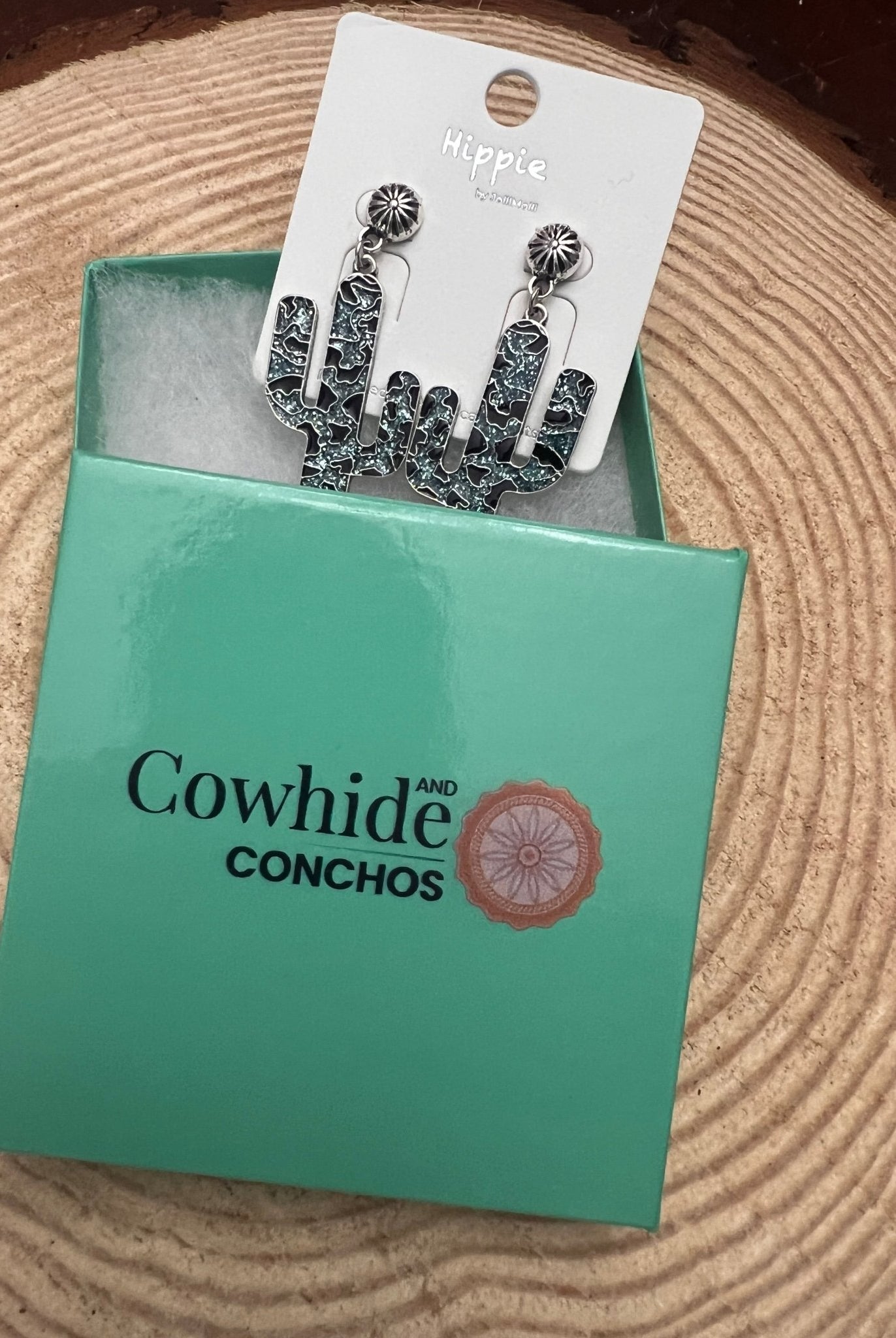 Western Glitter Enamel Cactus Earrings - 2 1/2 inch drop - Cowhide and Conchos