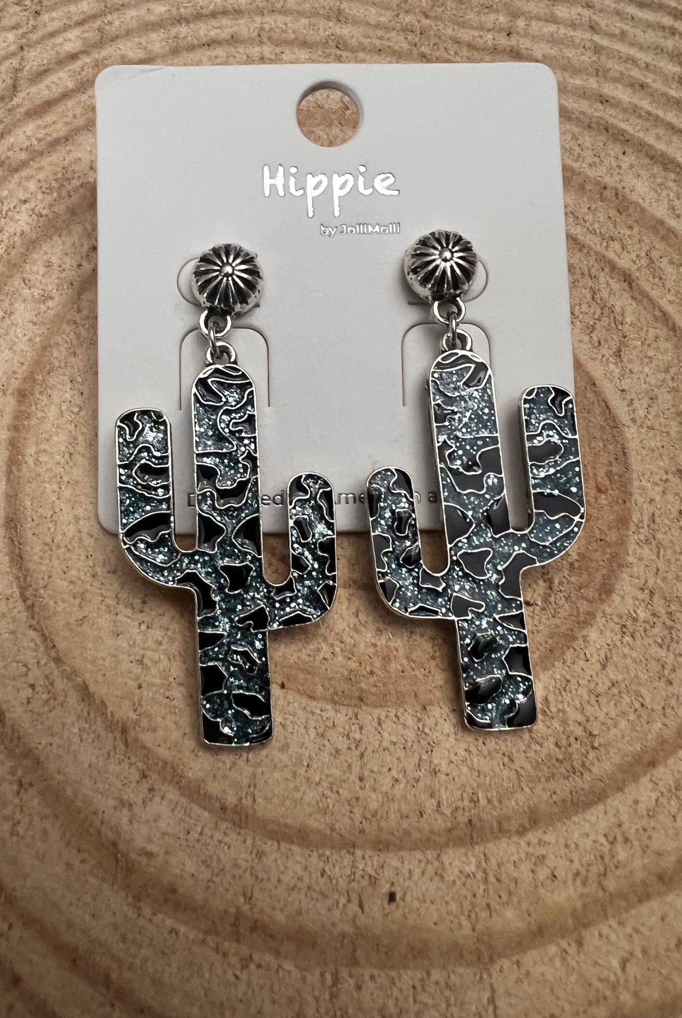 Western Glitter Enamel Cactus Earrings - 2 1/2 inch drop - Cowhide and Conchos