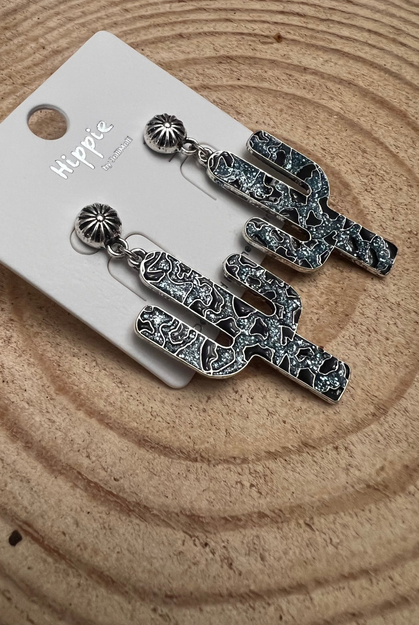 Western Glitter Enamel Cactus Earrings - 2 1/2 inch drop - Cowhide and Conchos