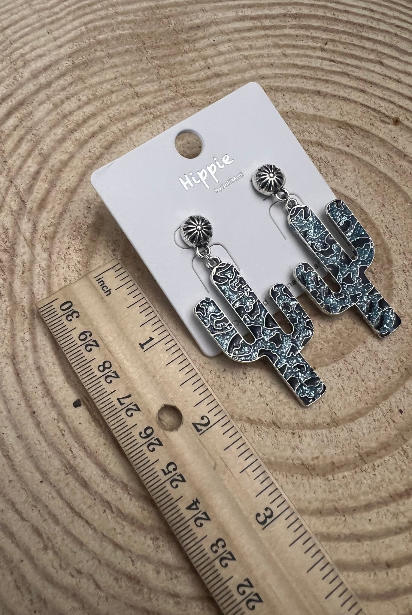 Western Glitter Enamel Cactus Earrings - 2 1/2 inch drop - Cowhide and Conchos