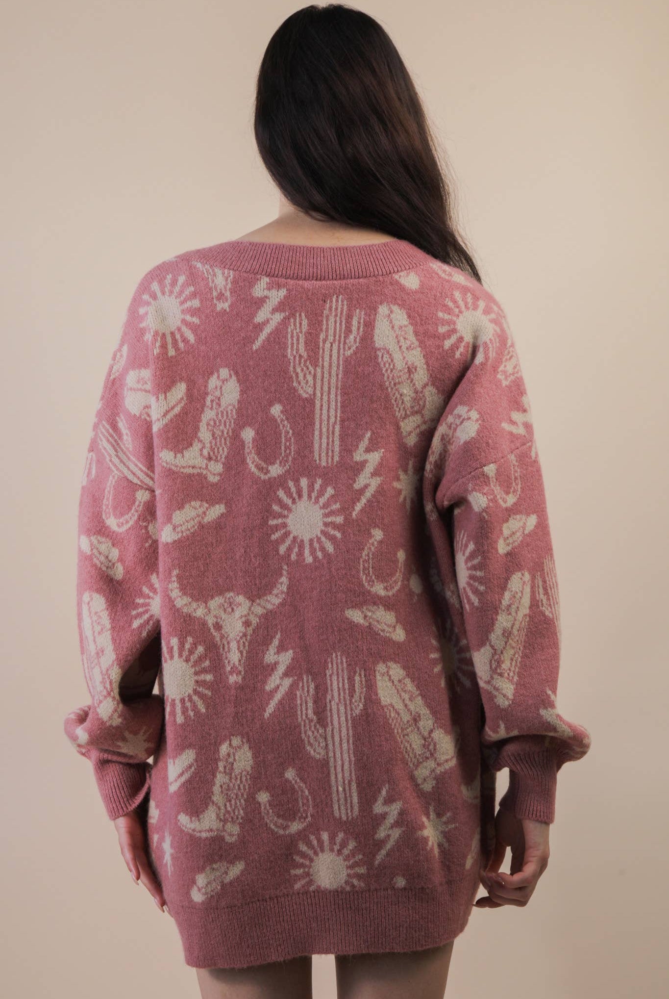 Western Graphic Knit Sweater Cardigan - Cowhide and Conchos