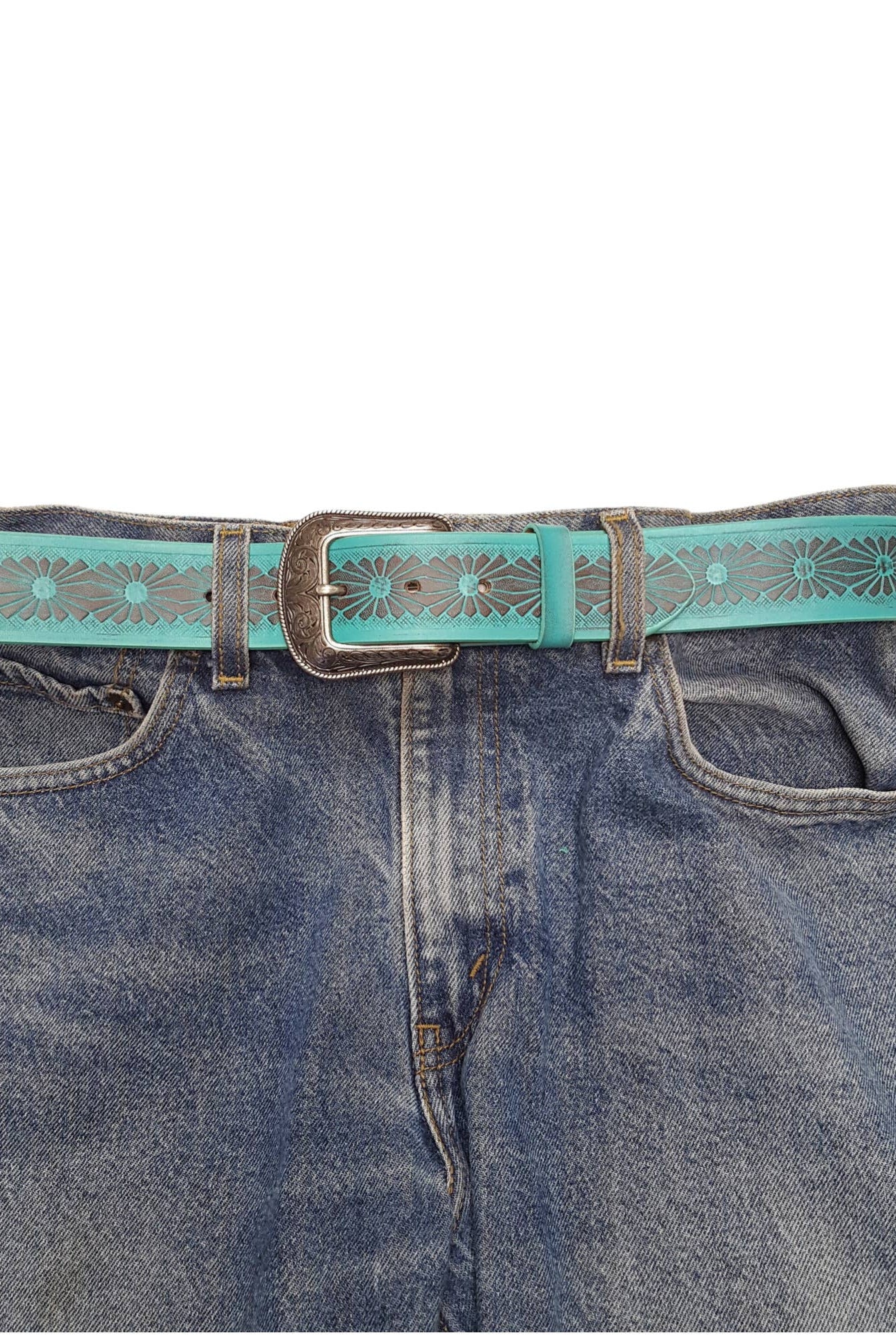 Western Hand Painted floral tooled belt - Cowhide and Conchos