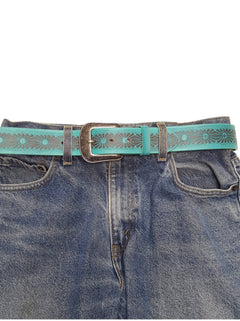 Western Hand Painted floral tooled belt - Cowhide and Conchos