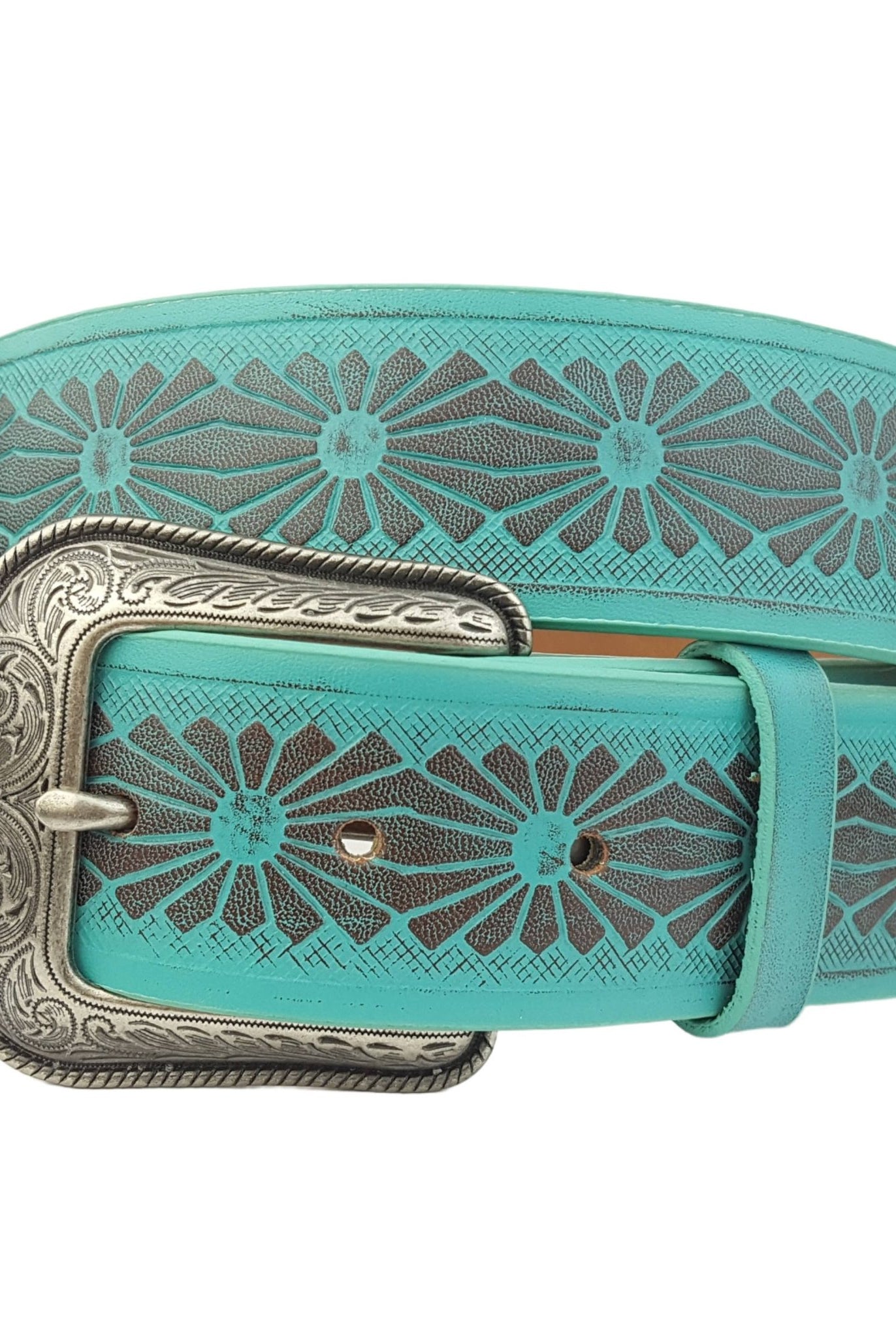 Western Hand Painted floral tooled belt - Cowhide and Conchos