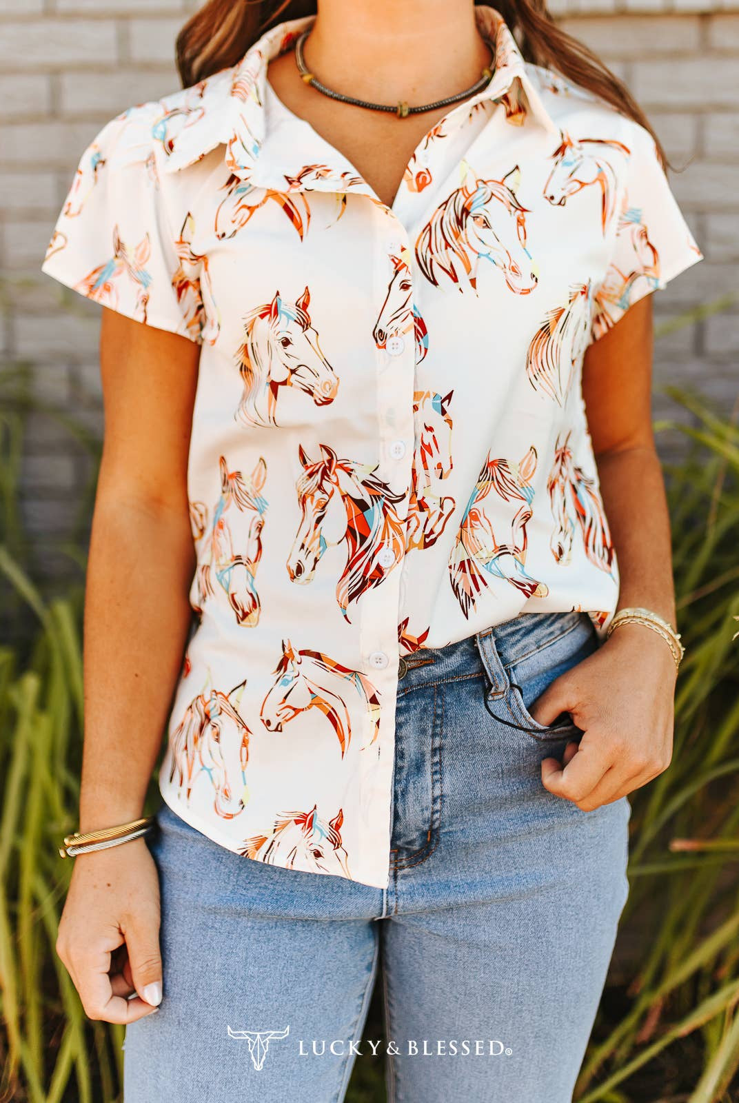Western Horse Print Button-Down Blouse – Cream Short Sleeve Rodeo Top - Cowhide and Conchos
