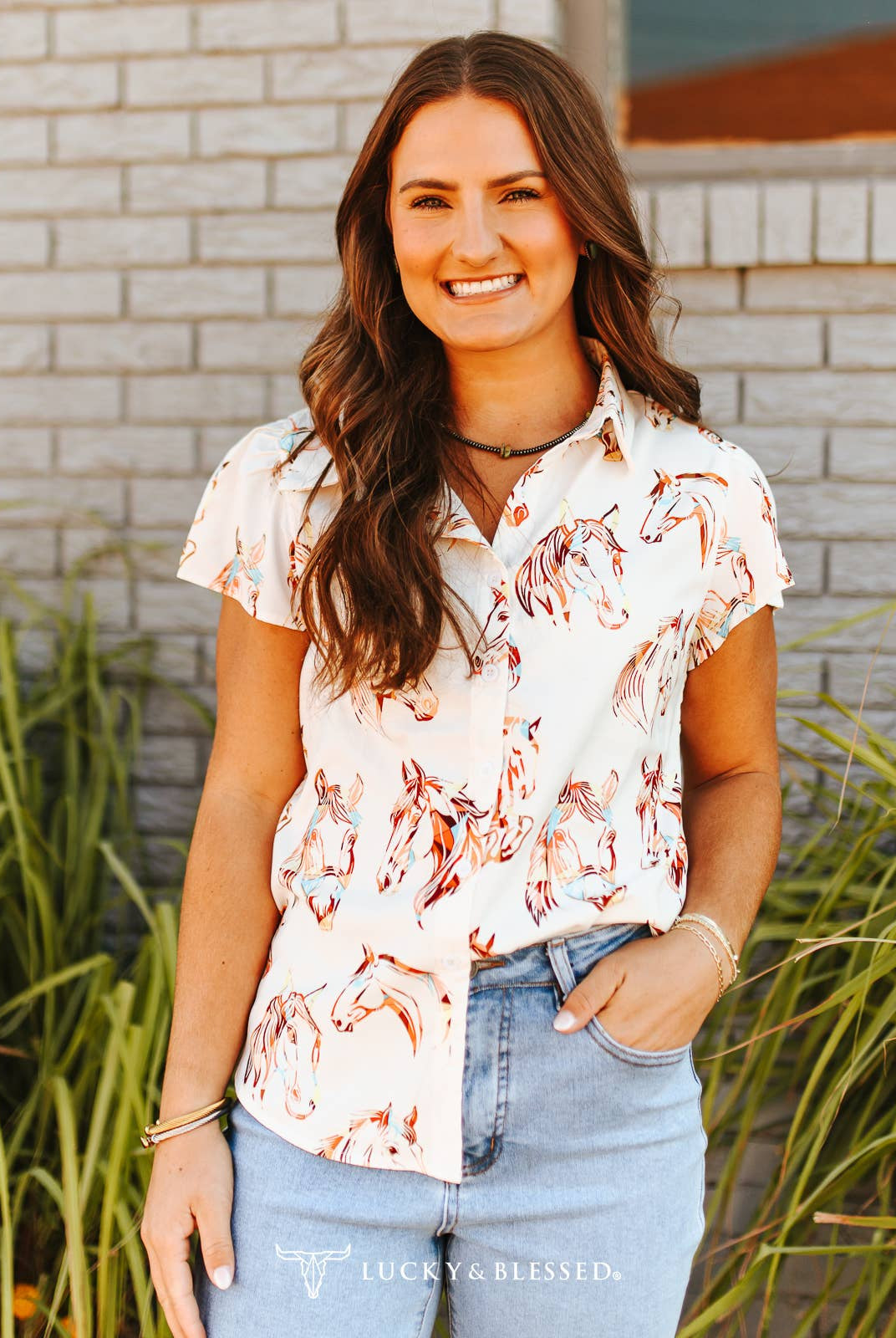 Western Horse Print Button-Down Blouse – Cream Short Sleeve Rodeo Top - Cowhide and Conchos