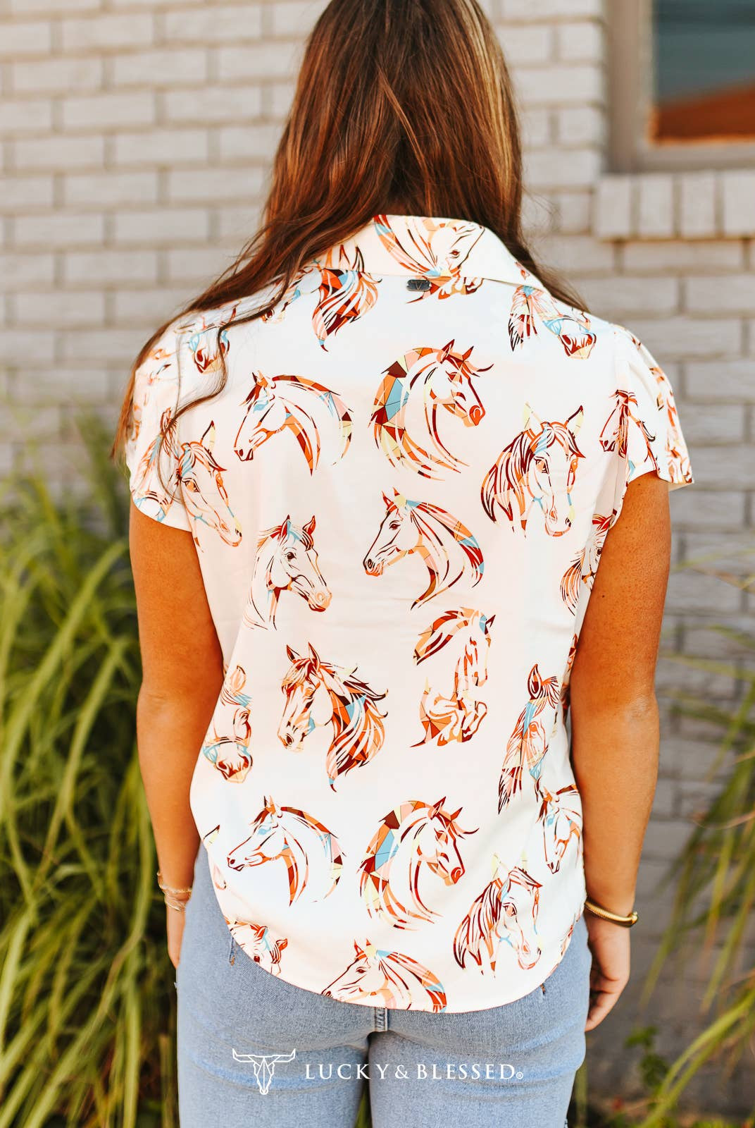 Western Horse Print Button-Down Blouse – Cream Short Sleeve Rodeo Top - Cowhide and Conchos
