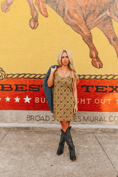 Western Horse Printed Spaghetti Strap Dress - Cowhide and Conchos