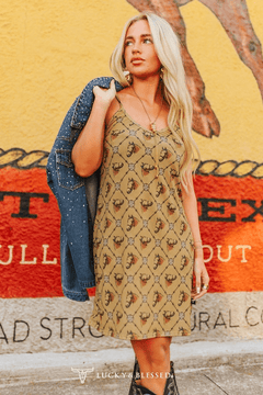 Western Horse Printed Spaghetti Strap Dress - Cowhide and Conchos