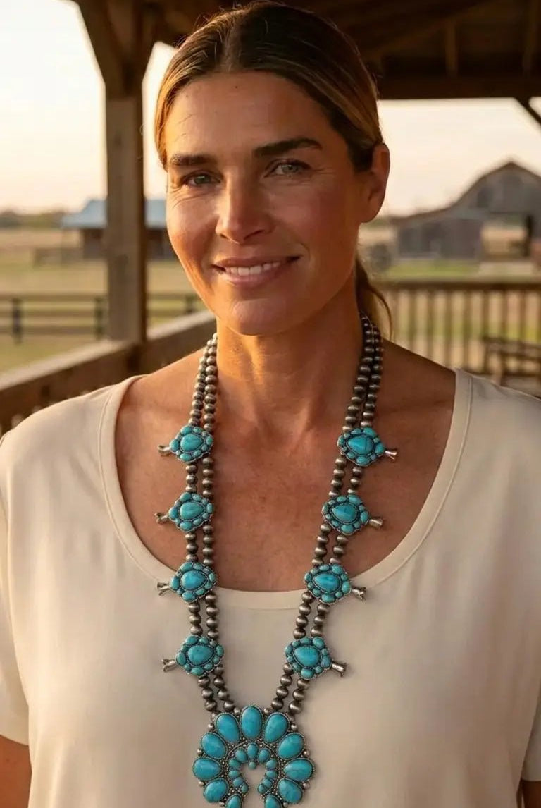 Western Huge Double-Strand Faux Turquoise Squash Blossom Statement Necklace — 32 Inch - Cowhide and Conchos