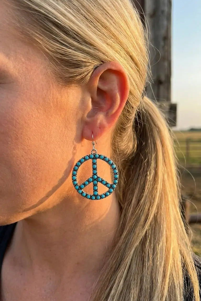 Western Large Peace Sign Dangle Earrings — Rustic 1¼" Statement - Cowhide and Conchos