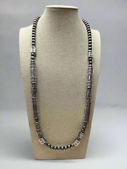 Western Navajo Style Pearl and Aztec Barrel Bead Necklace - 30 inch - Cowhide and Conchos