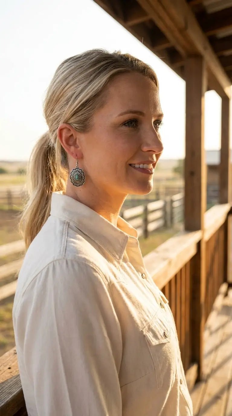 Western Oval Concho Earrings with Faux Turquoise — 1" Drop - Cowhide and Conchos