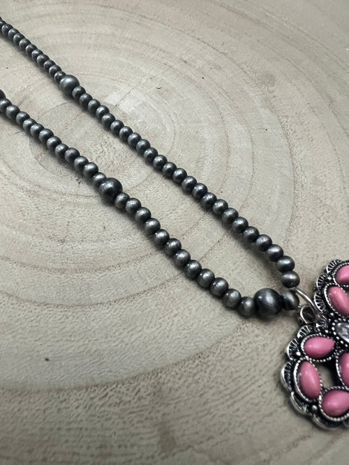 Western Pink Bow and Faux Pearls Necklace - 18 inch +3 - Cowhide and Conchos