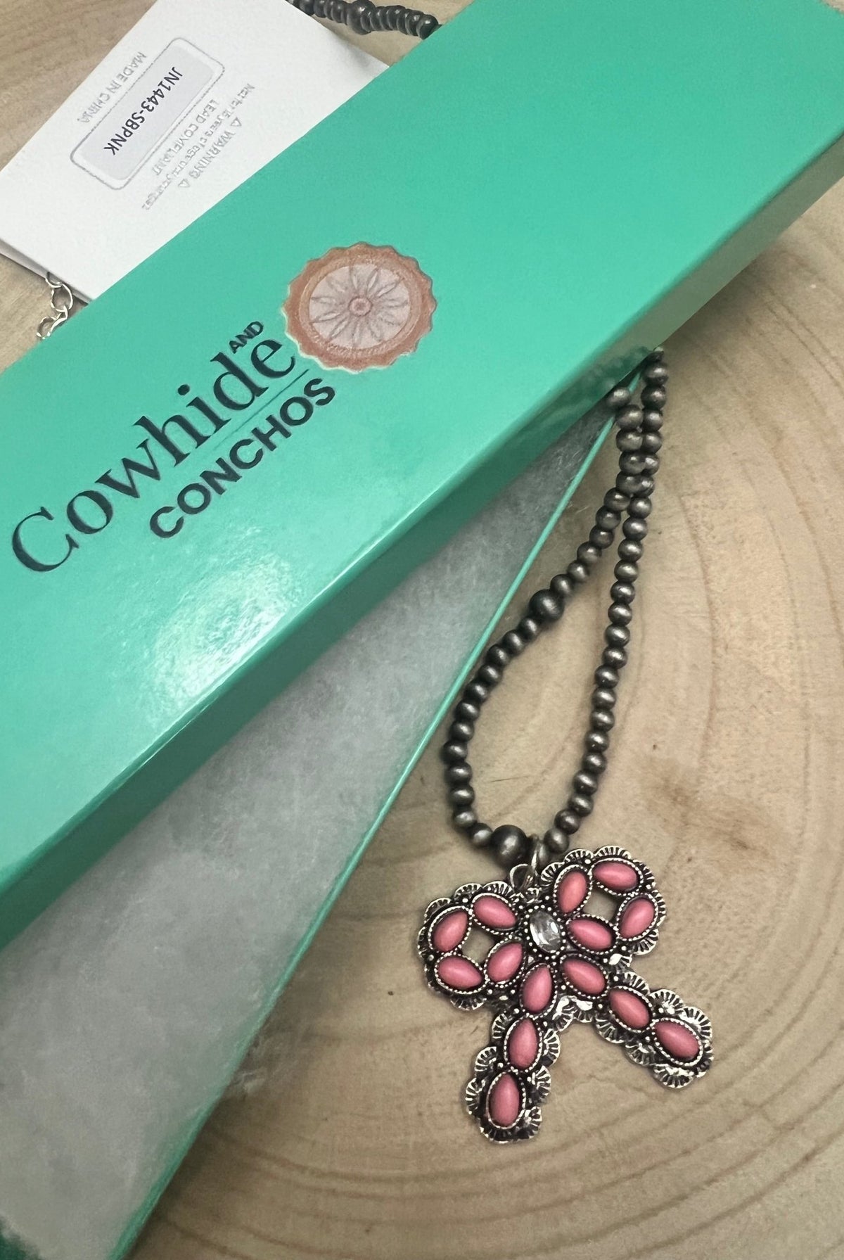 Western Pink Bow and Faux Pearls Necklace - 18 inch +3 - Cowhide and Conchos