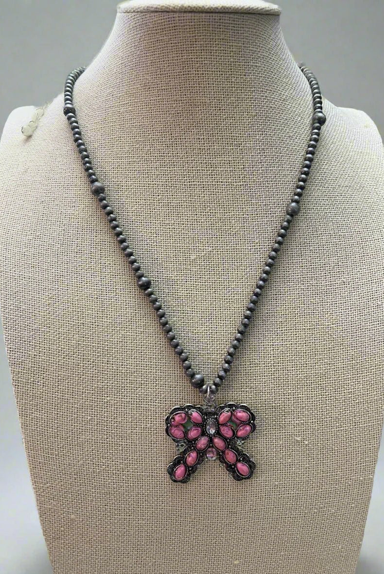 Western Pink Bow and Faux Pearls Necklace - 18 inch +3 - Cowhide and Conchos