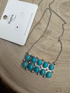 Western Rectangle Faux Turquoise Pendant Necklace - 18 inch - Cowhide and Conchos