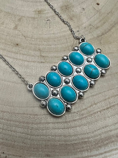 Western Rectangle Faux Turquoise Pendant Necklace - 18 inch - Cowhide and Conchos