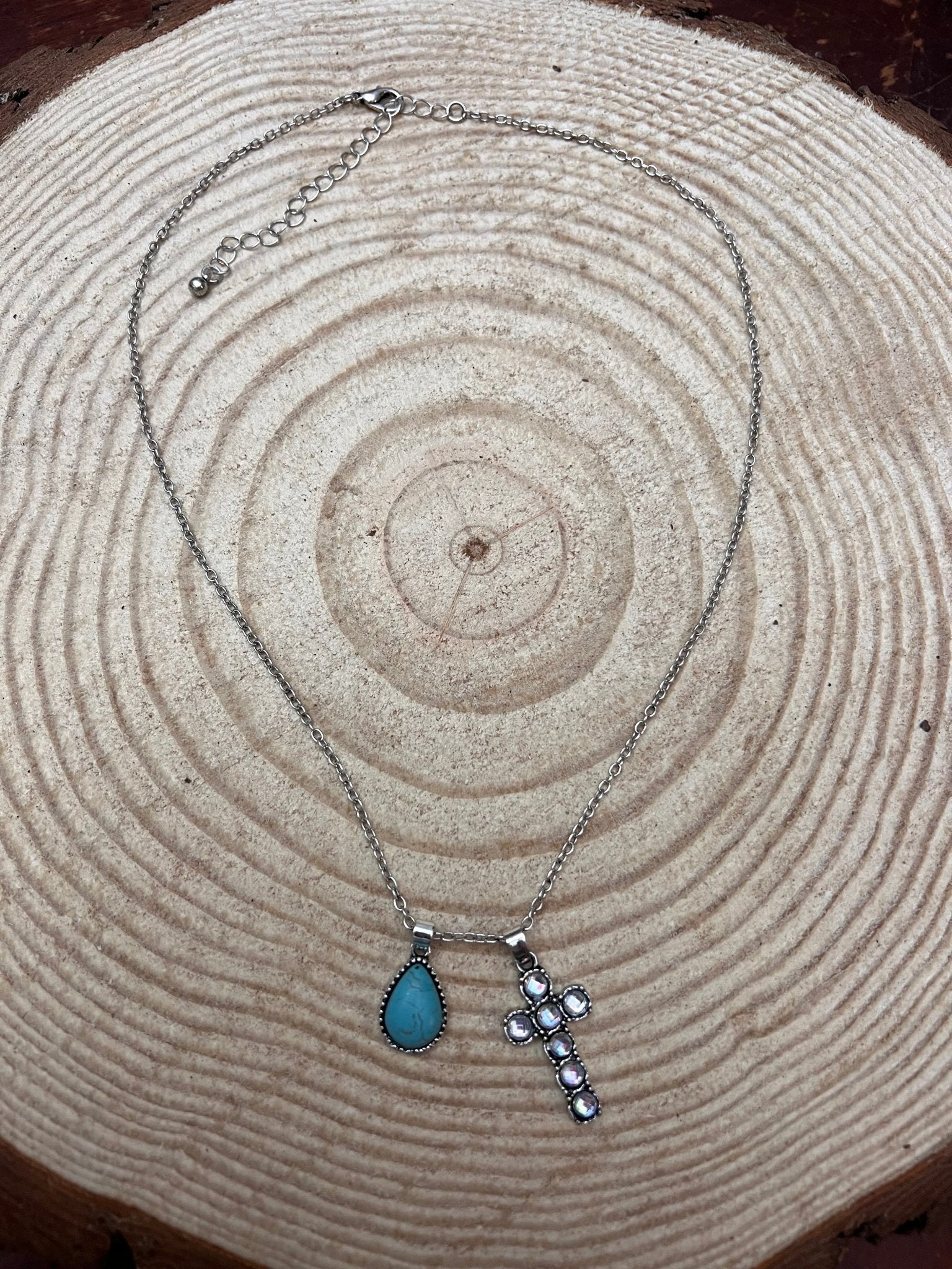 Western Rhinestone Cross and Faux Turquoise Dangle Necklace - 18 inch + 3 - Cowhide and Conchos