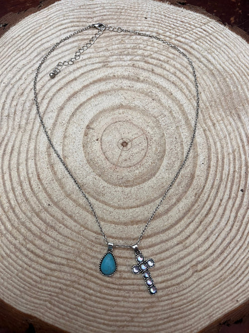 Western Rhinestone Cross and Faux Turquoise Dangle Necklace - 18 inch + 3 - Cowhide and Conchos