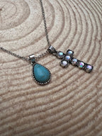 Western Rhinestone Cross and Faux Turquoise Dangle Necklace - 18 inch + 3 - Cowhide and Conchos