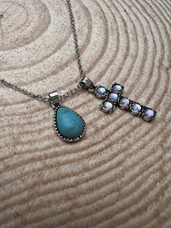 Western Rhinestone Cross and Faux Turquoise Dangle Necklace - 18 inch + 3 - Cowhide and Conchos