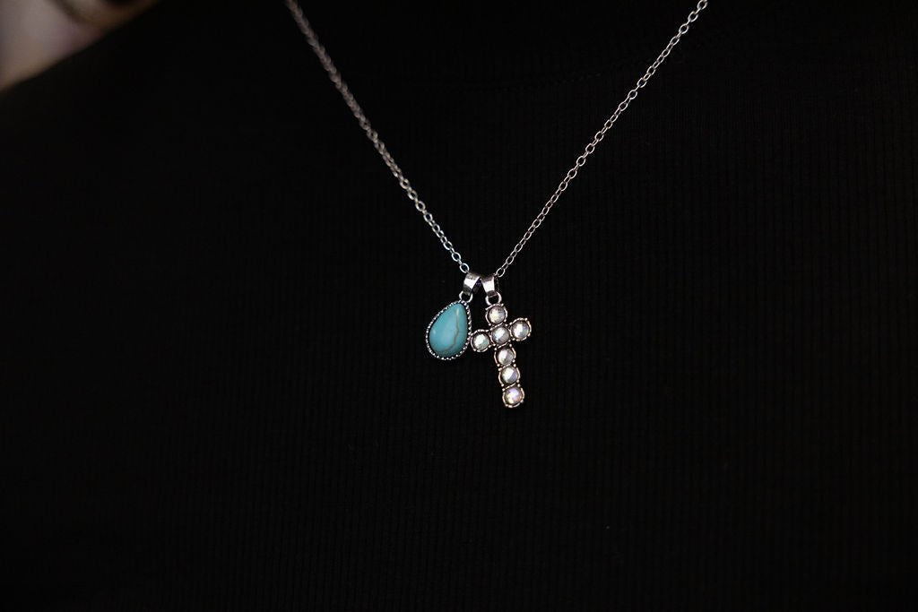 Western Rhinestone Cross and Faux Turquoise Dangle Necklace - 18 inch + 3 - Cowhide and Conchos