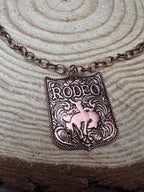 Western Rodeo Pendant Necklace (Brass color) - 22 inch + 3 - Cowhide and Conchos