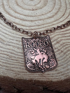 Western Rodeo Pendant Necklace (Brass color) - 22 inch + 3 - Cowhide and Conchos