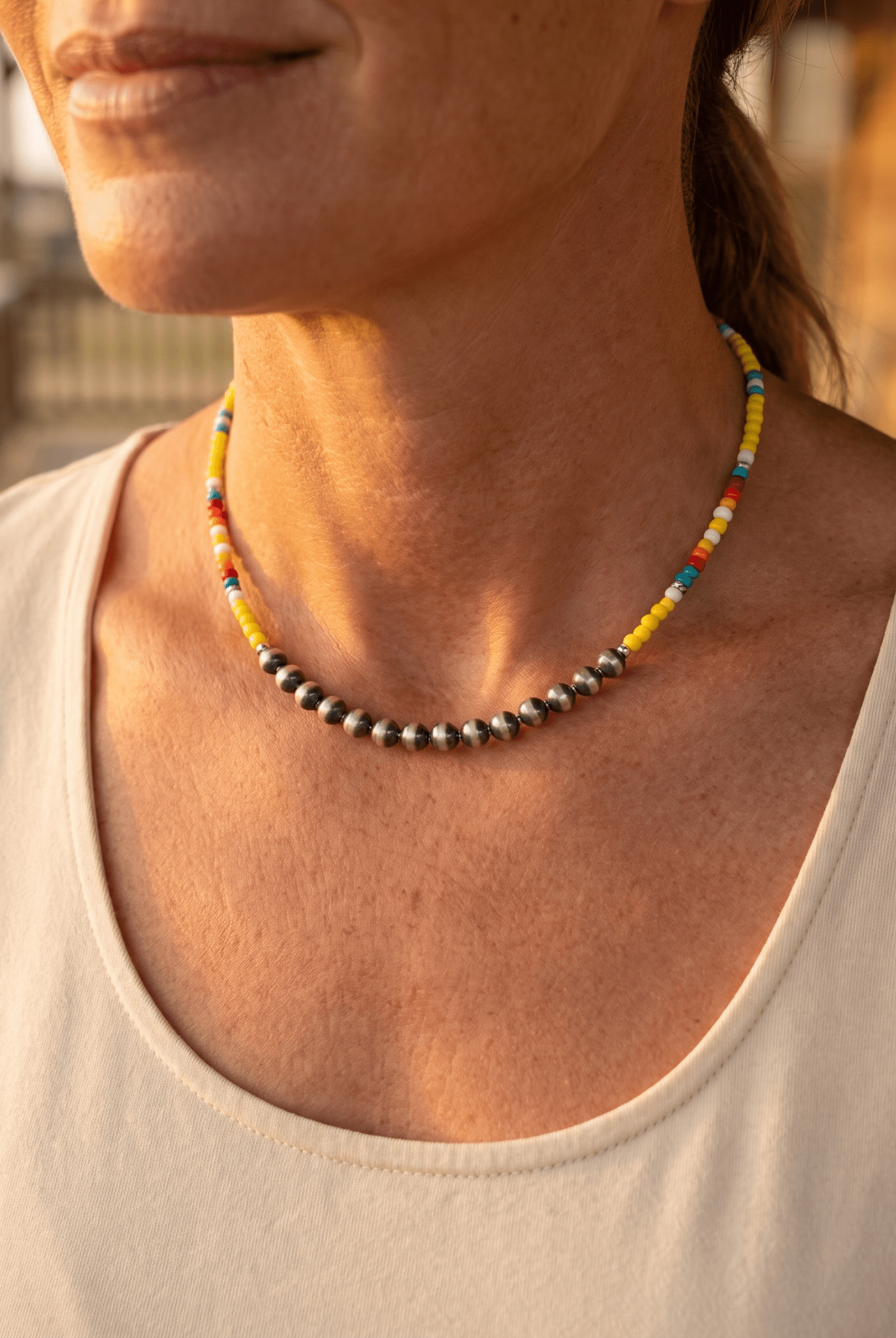 Western Seed Bead Choker with Faux Navajo Pearls — 13 Inch with Extender - Cowhide and Conchos