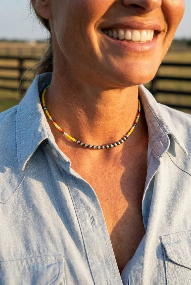 Western Seed Bead Choker with Faux Navajo Pearls — 13 Inch with Extender - Cowhide and Conchos