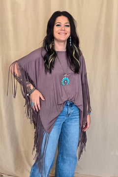 Western Showstopper Fringe Top - Mocha - Cowhide and Conchos