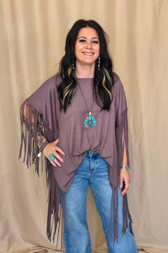 Western Showstopper Fringe Top - Mocha - Cowhide and Conchos
