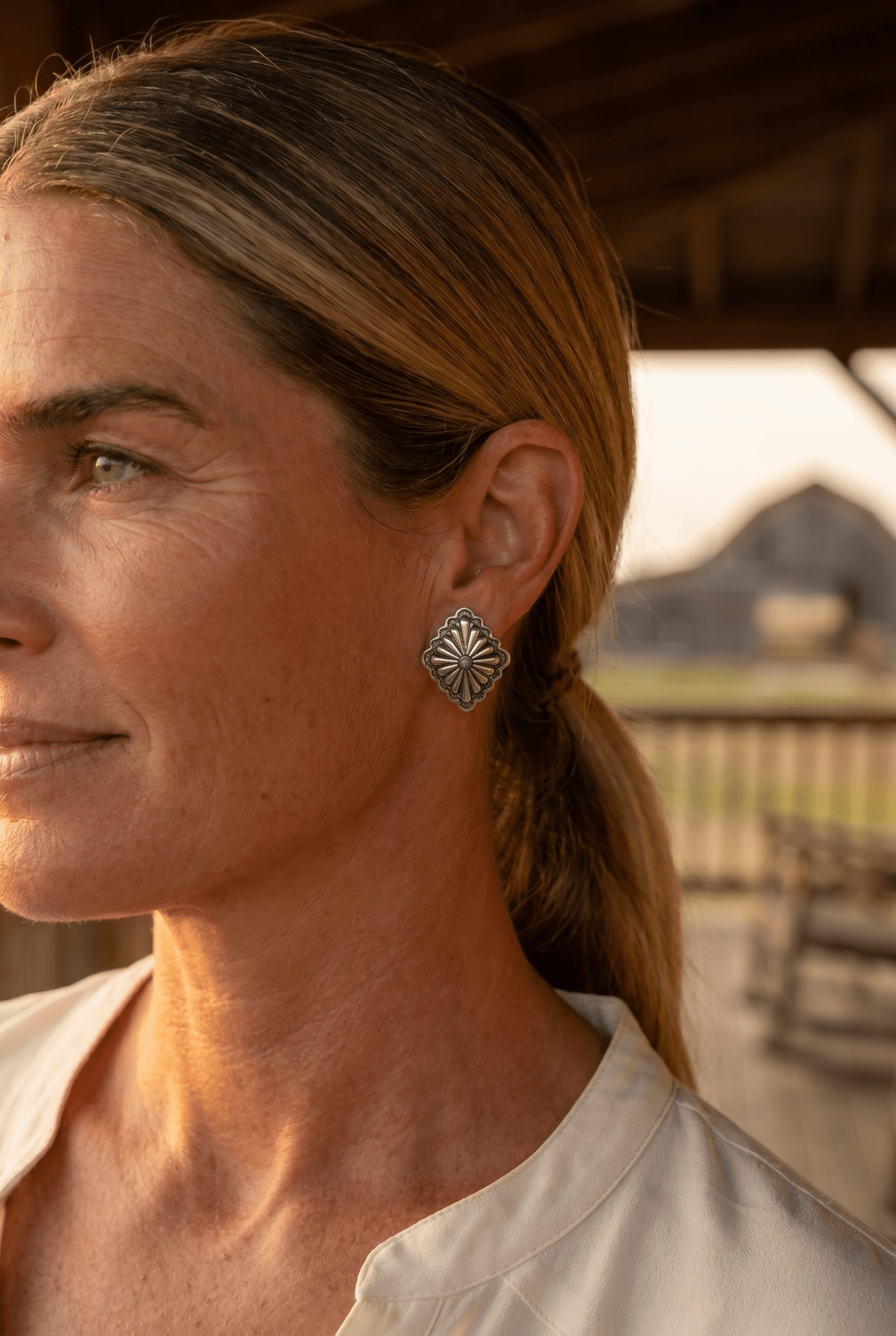 Western Silver & Faux Turquoise Diamond Concho Post Earrings — 3/4" Drop - Cowhide and Conchos