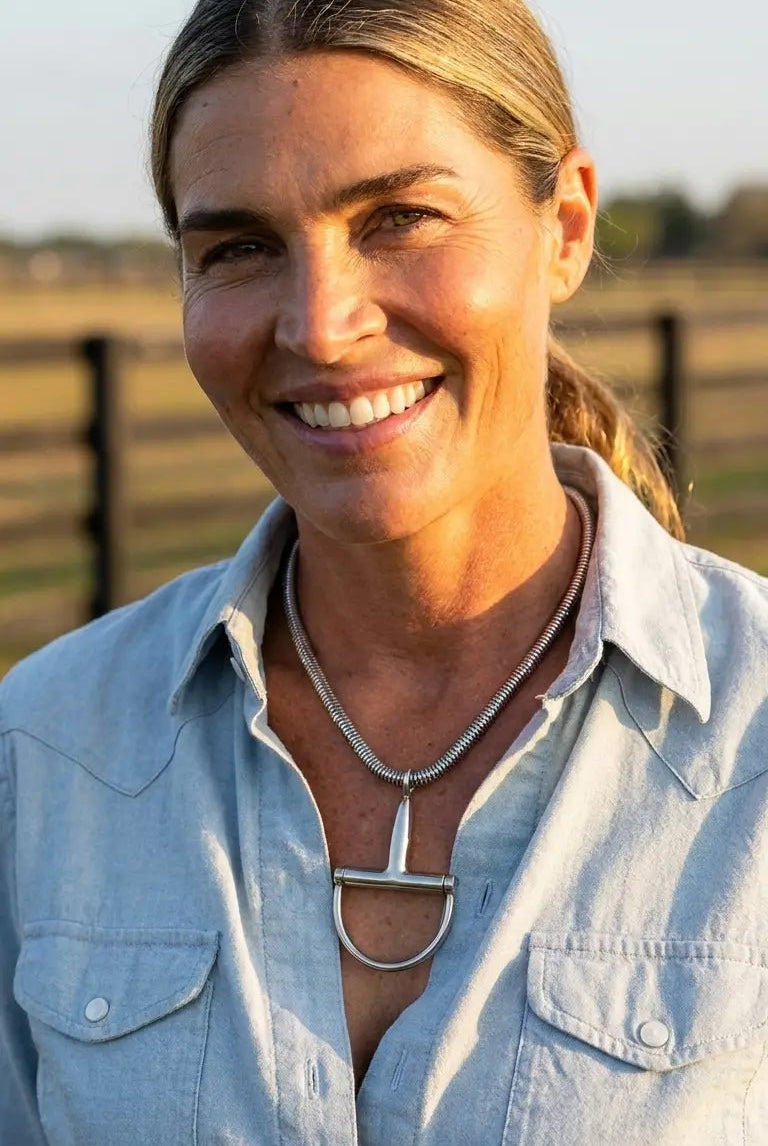 Western Silver Horse Bit Statement Necklace with Rhinestone Snake Chain — Bold Equestrian Jewelry - Cowhide and Conchos