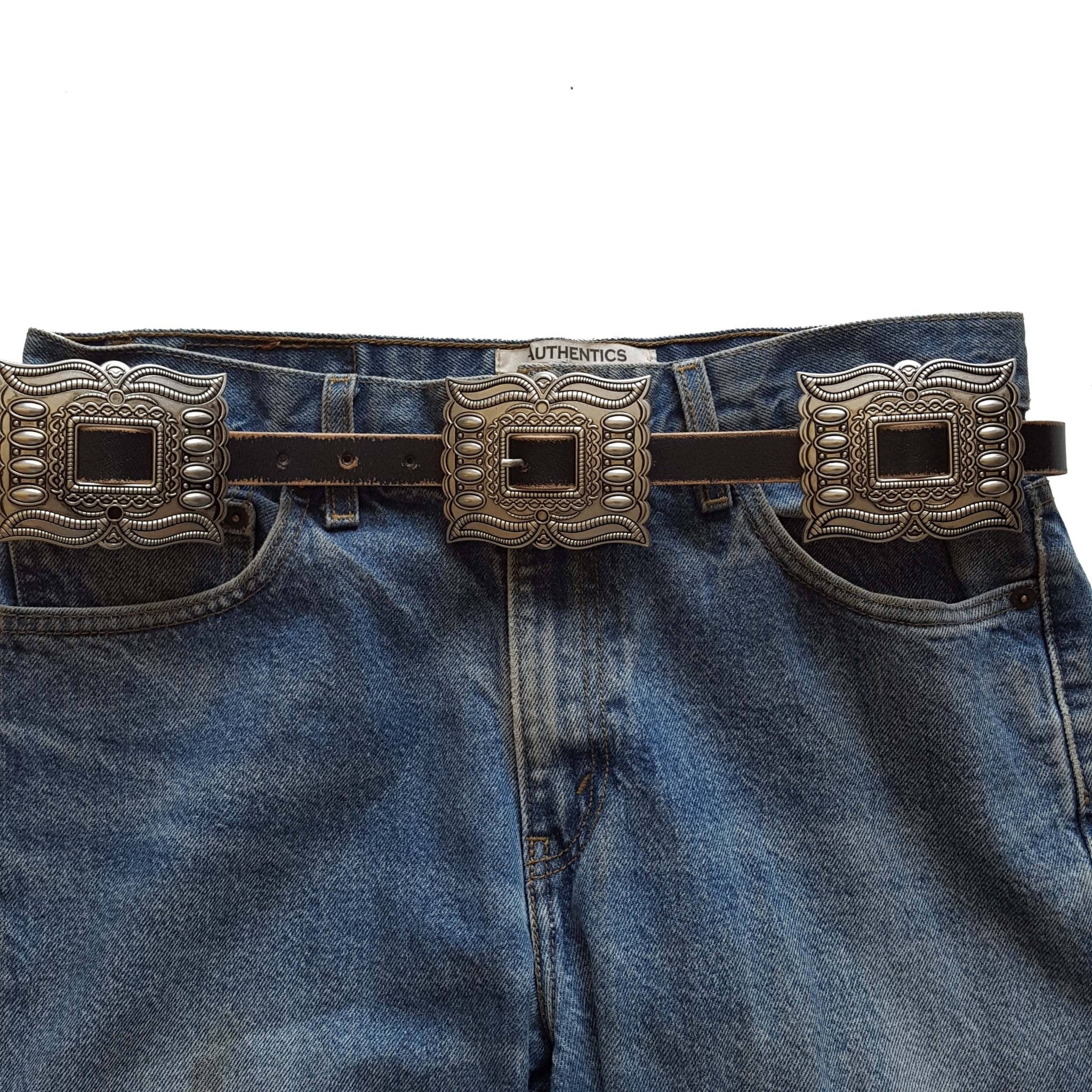 Western Silver Rectangular Concho Leather Belt - Cowhide and Conchos