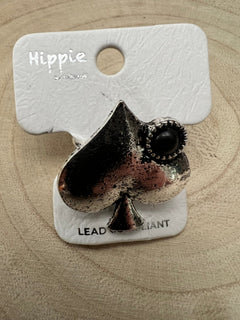 Western Spade Adjustable Cuff Ring with Faux Onyx - Cowhide and Conchos