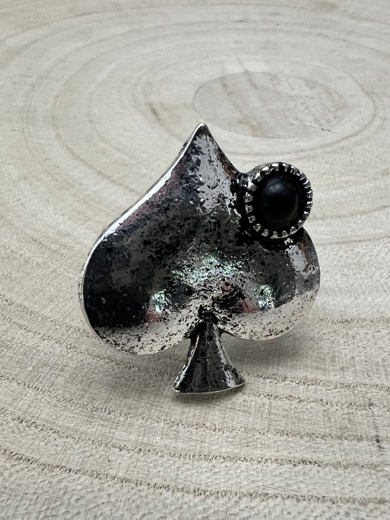 Western Spade Adjustable Cuff Ring with Faux Onyx - Cowhide and Conchos